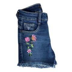 Shorts Feminino Texas Farm Jeans Azul Western Show Com Bordado De Flores Rosa Ref:SJF009