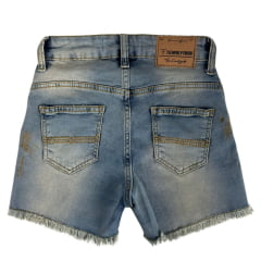 Shorts Feminino Texas Farm Jeans Médio Manchado Western Show Com Bordado Em Dourado Ref:SJF008