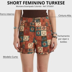 Shorts Feminino Turkese Bermuda Montana Tecido Estampado Colorido Ref:ST03601
