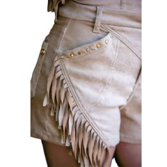 Shorts Feminino West Dust De Camurça Bege Com Detalhes Dourados De Franja Lateral Ref:SH9338