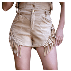 Shorts Feminino West Dust De Camurça Bege Com Detalhes Dourados De Franja Lateral Ref:SH9338