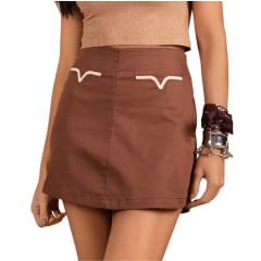 Shorts Saia Feminino Moon Horse Callie Marrom Com Detalhes Creme E Bolsos Ref:0110395