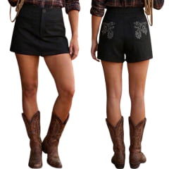 Shorts Saia Feminino Moon Horse Tiffy Preto Bordado Cinza REF:01.13.544 Shorts Saia Feminino Moon Horse Tiffy Preto Bordado Cinza REF:01.13.544