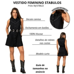 Vestido Feminino Stabulos Preto Com Botões E Detalhes De Tachinha Sem Manga Estilo Camisa Ref:STB622