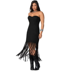 Vestido Feminino Buphallos Curto Tomara Que Caia Preto Com Barra De Franjas - Ref:BPL1861 Vestido Feminino Buphallos Curto Tomara Que Caia Preto Com Barra De Franjas - Ref:BPL1861