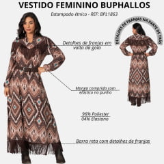 Vestido Feminino Buphallos Estampado Étnico Longo Franjas Manga Longa Ref:BPL1863