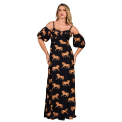 Vestido Feminino Buphallos Horses Longo Preto Estampado De Alças Manga Removível Ref:BPL1412