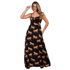 Vestido Feminino Buphallos Horses Longo Preto Estampado De Alças Manga Removível Ref:BPL1412