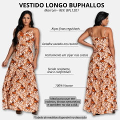 Vestido Feminino Buphallos Longo Com Estampa De Cavalo Marrom/Off De Alça E Recorte Na Barriga REF: BPL1201