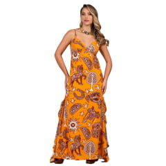 Vestido Feminino Buphallos Longo Laranja Estampado De Alças Ref:BPL1419