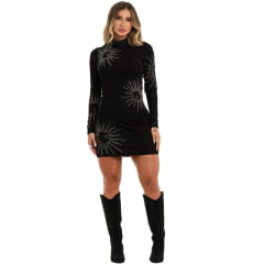 Vestido Feminino Buphallos Preto Manga Longa Bordado Com Strass Explosão Horses Ref.BPL926