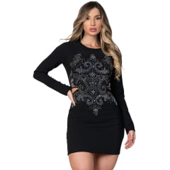 Vestido Feminino Buphallos Preto Manga Longa Brilho E Strass Ref: BPL 1343