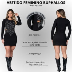 Vestido Feminino Buphallos Preto Manga Longa Brilho E Strass Ref: BPL 1343