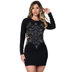 Vestido Feminino Buphallos Preto Manga Longa Brilho E Strass Ref: BPL 1343
