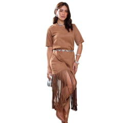 Vestido Feminino Country City Agata Marrom Tecido Grosso Com Franjas Ref: 2061F