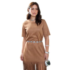 Vestido Feminino Country City Agata Marrom Tecido Grosso Com Franjas Ref: 2061F