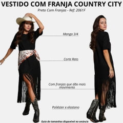 Vestido Feminino Country City Ágata Preto Manga 3/4 Tecido Grosso Com Franjas Ref: 2061F