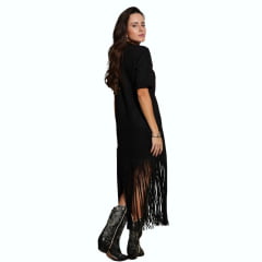 Vestido Feminino Country City Ágata Preto Manga 3/4 Tecido Grosso Com Franjas Ref: 2061F