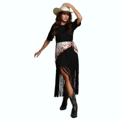 Vestido Feminino Country City Ágata Preto Manga 3/4 Tecido Grosso Com Franjas Ref: 2061F