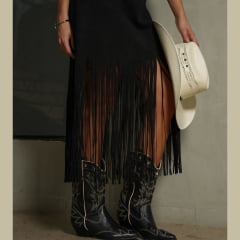 Vestido Feminino Country City Ágata Preto Manga 3/4 Tecido Grosso Com Franjas Ref: 2061F
