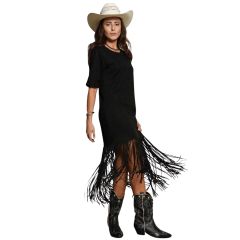 Vestido Feminino Country City Ágata Preto Manga 3/4 Tecido Grosso Com Franjas Ref: 2061F