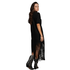 Vestido Feminino Country City Ágata Preto Manga 3/4 Tecido Grosso Com Franjas Ref: 2061F