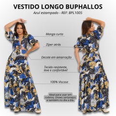 Vestido Feminino Longo Buphallos M. Curta Estampado C/ Flores E Cavalo Azul/Preto Com Abertura Frontal REF: BPL1005