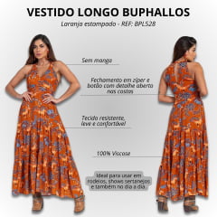 Vestido Feminino Longo Buphallos S. Manga Longo Laranja Com Estampa Em Azul - REF: BPL528