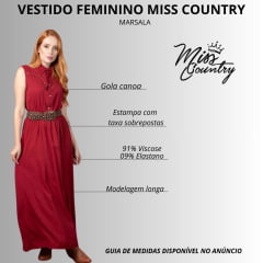 Vestido Feminino Miss Country Cheyenne Marsala Longo Estilo Camisa Sem Manga Com Bordado Estrelas Douradas