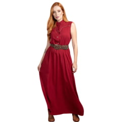 Vestido Feminino Miss Country Cheyenne Marsala Longo Estilo Camisa Sem Manga Com Bordado Estrelas Douradas