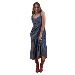 Vestido Feminino Miss Country Jeans Azul De Alça Midi Com Elástico Nas Costas Ref:3240