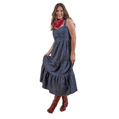 Vestido Feminino Miss Country Jeans Azul De Alça Midi Com Elástico Nas Costas Ref:3240