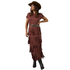Vestido Feminino Miss Country Longo Com Franjas Marrom Ref:003361 Vestido Feminino Miss Country Longo Com Franjas Marrom Ref:003361