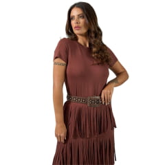 Vestido Feminino Miss Country Longo Com Franjas Marrom Ref:003361