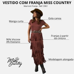 Vestido Feminino Miss Country Longo Com Franjas Marrom Ref:003361