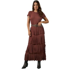 Vestido Feminino Miss Country Longo Com Franjas Marrom Ref:003361