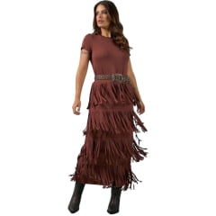 Vestido Feminino Miss Country Longo Com Franjas Marrom Ref:003361