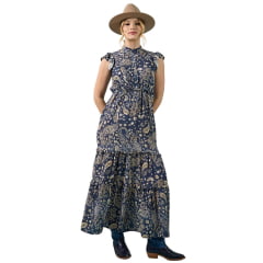 Vestido Feminino Miss Country Paisley Azul Longo Estampado Ref: 3339