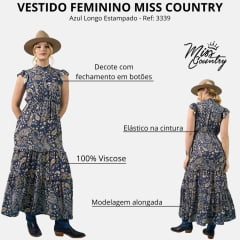 Vestido Feminino Miss Country Paisley Azul Longo Estampado Ref: 3339