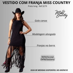 Vestido Feminino Miss Country Preto De Malha Sem Manga E Gola Canoa Com Franjas Longas Ref:3279