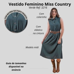 Vestido Feminino Miss Country Verde Sem Manga Midi Com Elástico Na Cintura Ref:3216