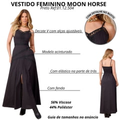 Vestido Feminino Moon Horse Any Preto Longo Com Abertura De Alças Com Bordado Renda Ref:01.12.504