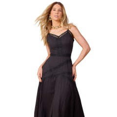 Vestido Feminino Moon Horse Any Preto Longo Com Abertura De Alças Com Bordado Renda Ref:01.12.504