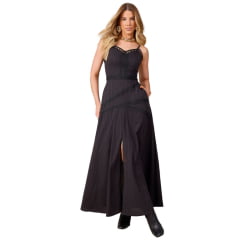 Vestido Feminino Moon Horse Any Preto Longo Com Abertura De Alças Com Bordado Renda Ref:01.12.504