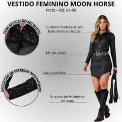 Vestido Feminino Moon Horse Charlotte Manga Longa Preto Aplicação De Estrela Prata Ref: 01-09