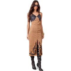 Vestido Feminino Moon Horse Laura Caramelo Longo Bordado Preto/Laranja Ref: 01.12.498