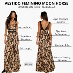 Vestido Feminino Moon Horse Longo Dany Camuflado Bege E Preto Cinto Fixo Ref: 01.13.535