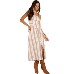 Vestido Feminino Moon Horse Midi Ary Tecido Bege Bordado Caramelo E Marrom Alças De Couro Ajustáveis REF:01.13.534