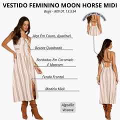 Vestido Feminino Moon Horse Midi Ary Tecido Bege Bordado Caramelo E Marrom Alças De Couro Ajustáveis REF:01.13.534