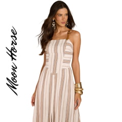 Vestido Feminino Moon Horse Midi Ary Tecido Bege Bordado Caramelo E Marrom Alças De Couro Ajustáveis REF:01.13.534